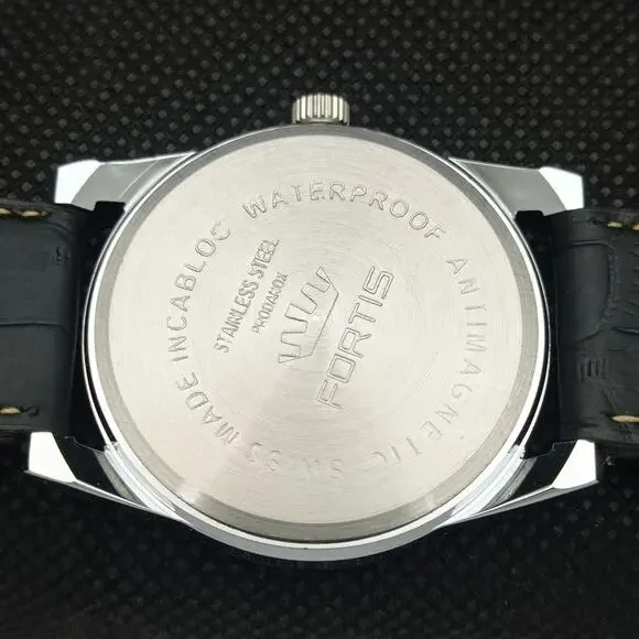 Vintage 1976 Fortis Manual Mens Silver Watch W/Leather Strap & Red accents - Picture 8 of 8